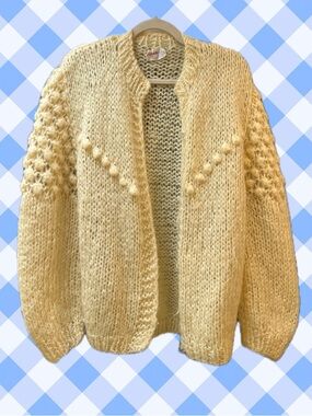 Vintage Yellow Knit Fuzzy Pom Pom Cardigan